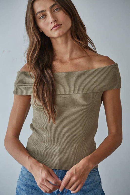 Knit Sweater Ribbed Fold Over Off The Shoulder Top