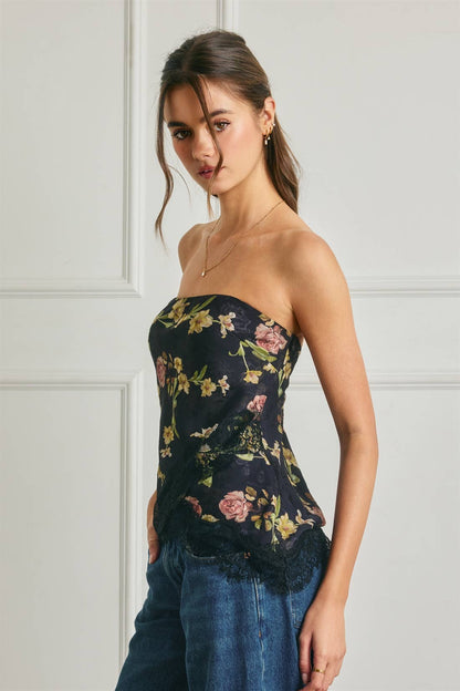 Floral Asymmetrical Lace Hem Tube Top