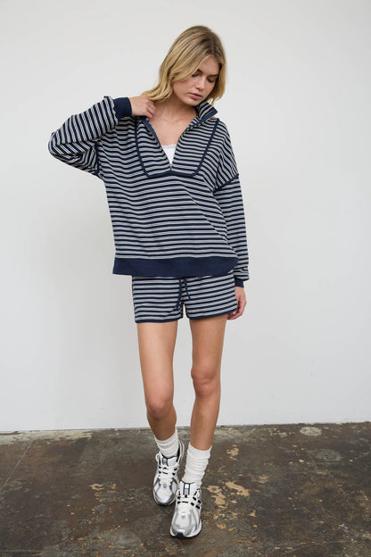 HALF ZIP STRIPE CONTRAST TRIM LONG SLEEVE KNIT TOP