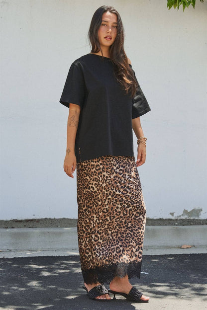 Leopard Print Satin Maxi Skirt with Lace Hem