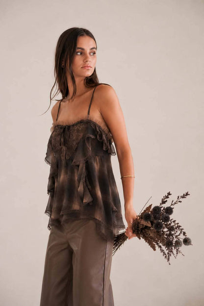 PLAID RUFFLE LACE FLOWY TOP