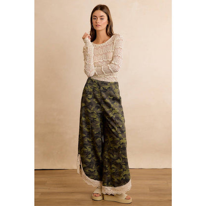 CAMO PRINT LACE HEM FULL LENGTH WIDE LEG PANTS