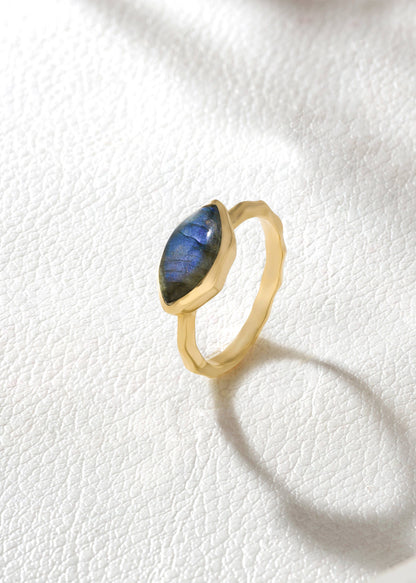 Gold Plated 925 Silver Marquise Labradorite Textured Ring