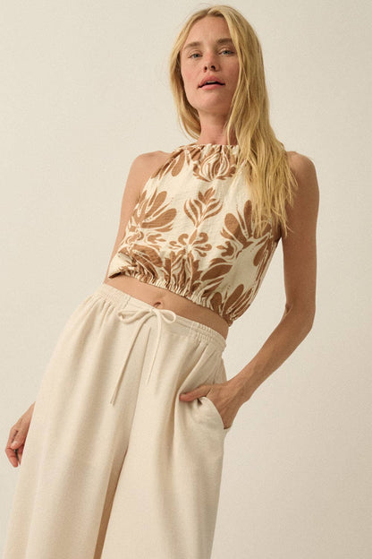 Abstract Floral-Print Gathered Sleeveless Cropped Halter Top
