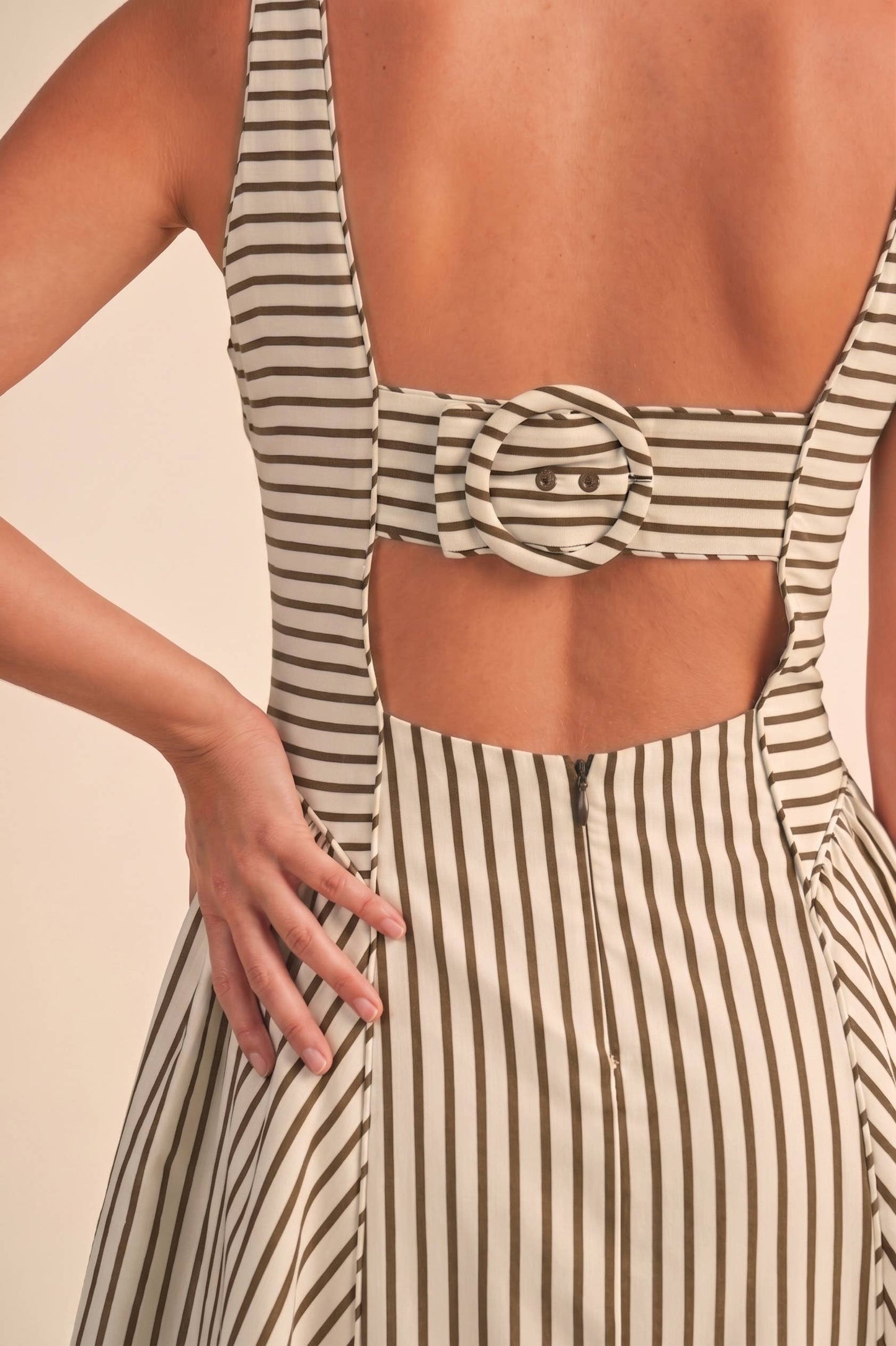STRIPED BACK BUCKLE PIPING DETAIL MIDI DRESS