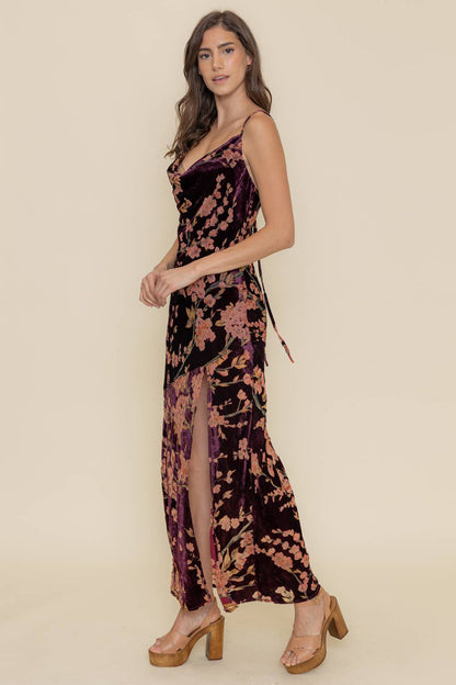 COWL NECKLINE VELVET FLORAL MAXI DRESS