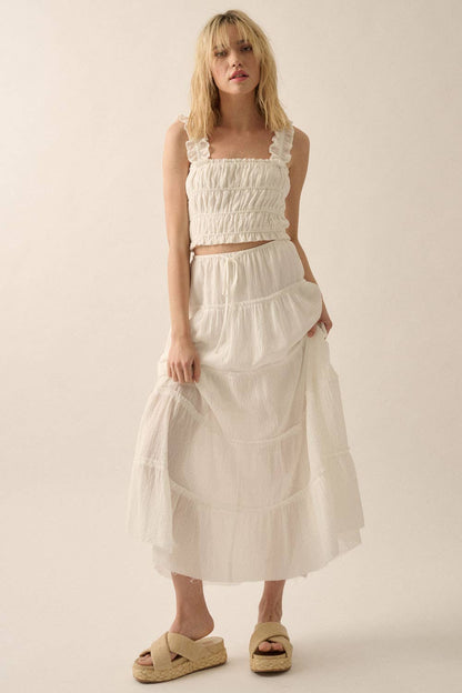Smocked Solid Ruffled Woven Crop Top