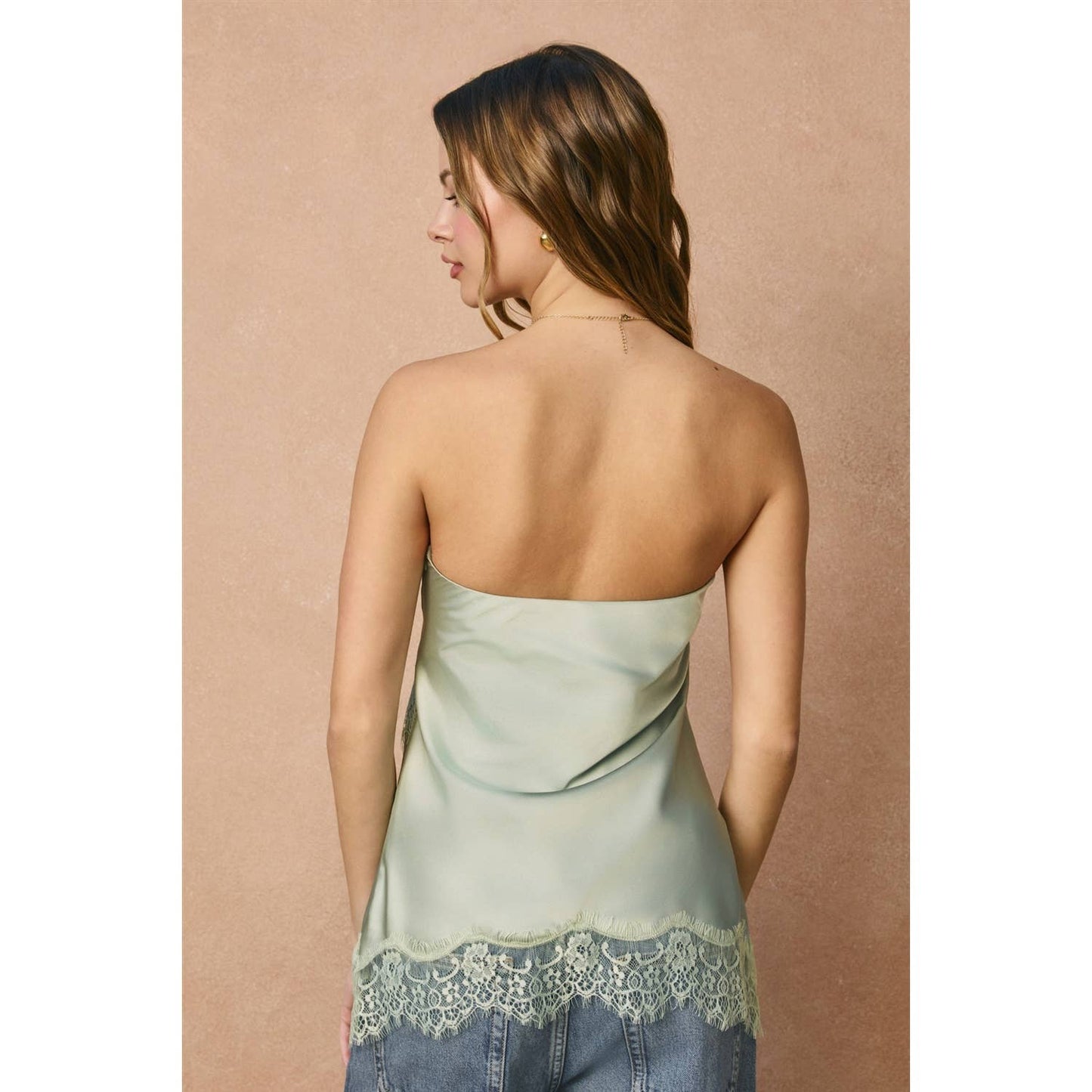 Satin Asymmetrical Lace Hem Sleeveless Top