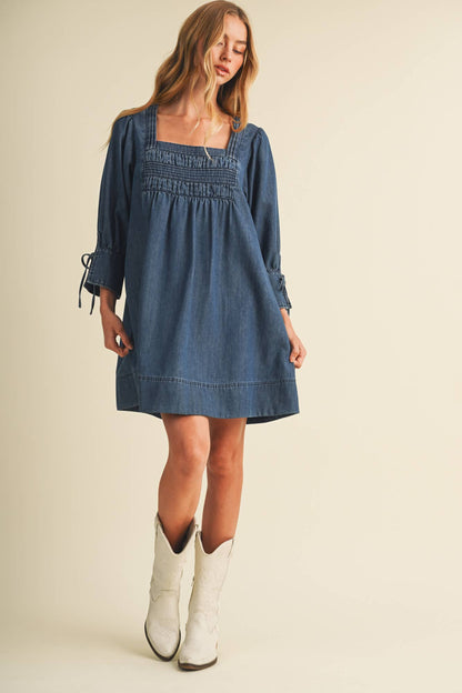 Square-Neck Smocked Denim Trapeze Dress