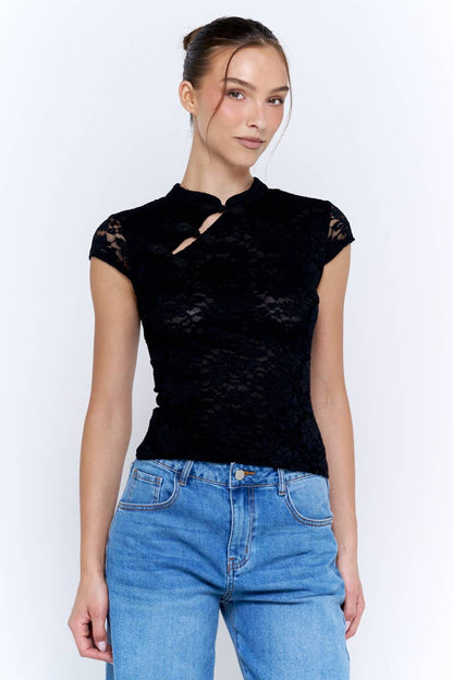 Lace Mandarin Collar Frog Closure Cap Sleeve Crop Top