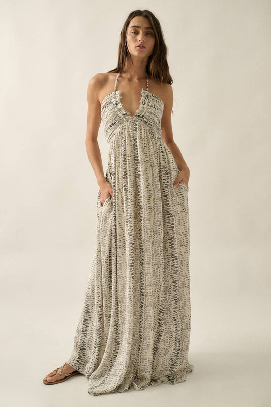 Abstract-Print Crepe High-Waist Tie-Back Halter Maxi Dress