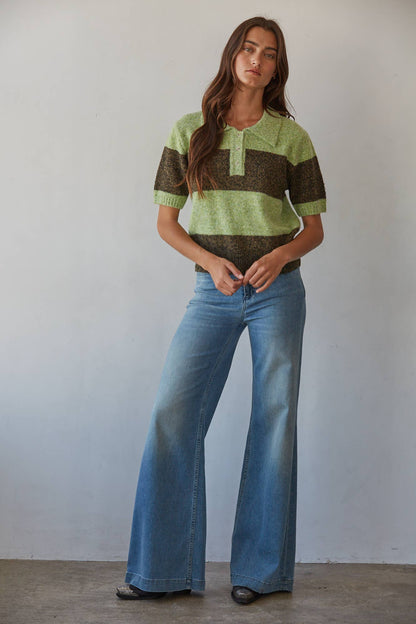 Knit Sweater Striped Half Button-down Short Sleeve