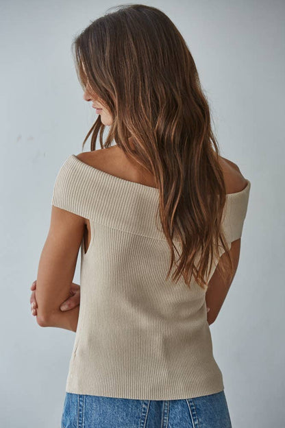 Knit Sweater Ribbed Fold Over Off The Shoulder Top
