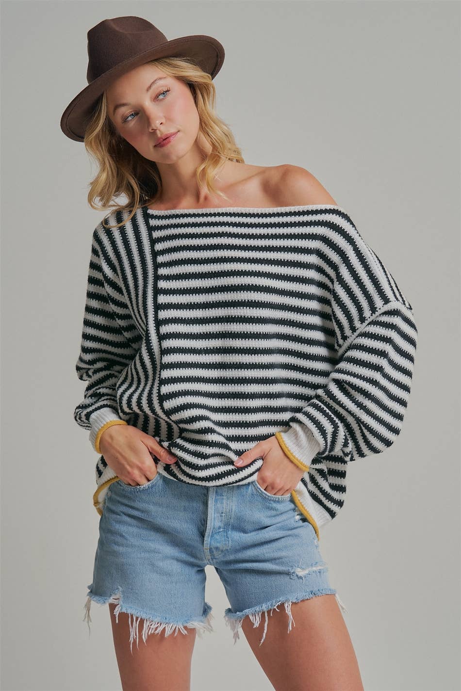OVERSIZED STRIPE OFF SHOULDER SWEATER TOP
