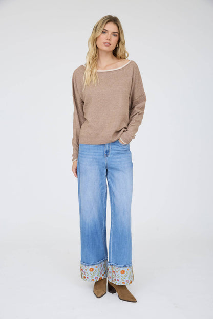 CONTRAST TRIM OFF SHOULDER LONG SLEEVE SWEATER