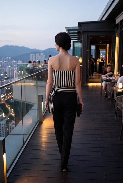 Striped Satin Strapless Tie Waist Top