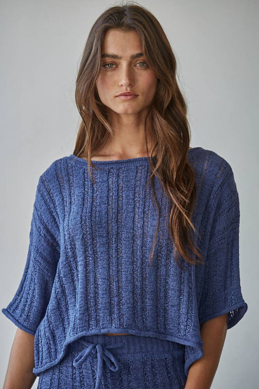 Knit  Acrylic Crew Short Sleeve Sweater
