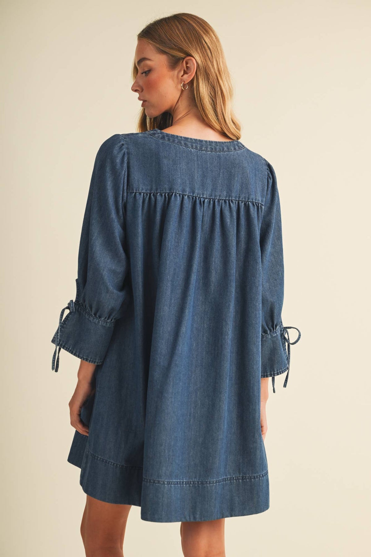 Square-Neck Smocked Denim Trapeze Dress
