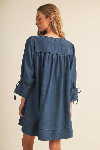 Square-Neck Smocked Denim Trapeze Dress