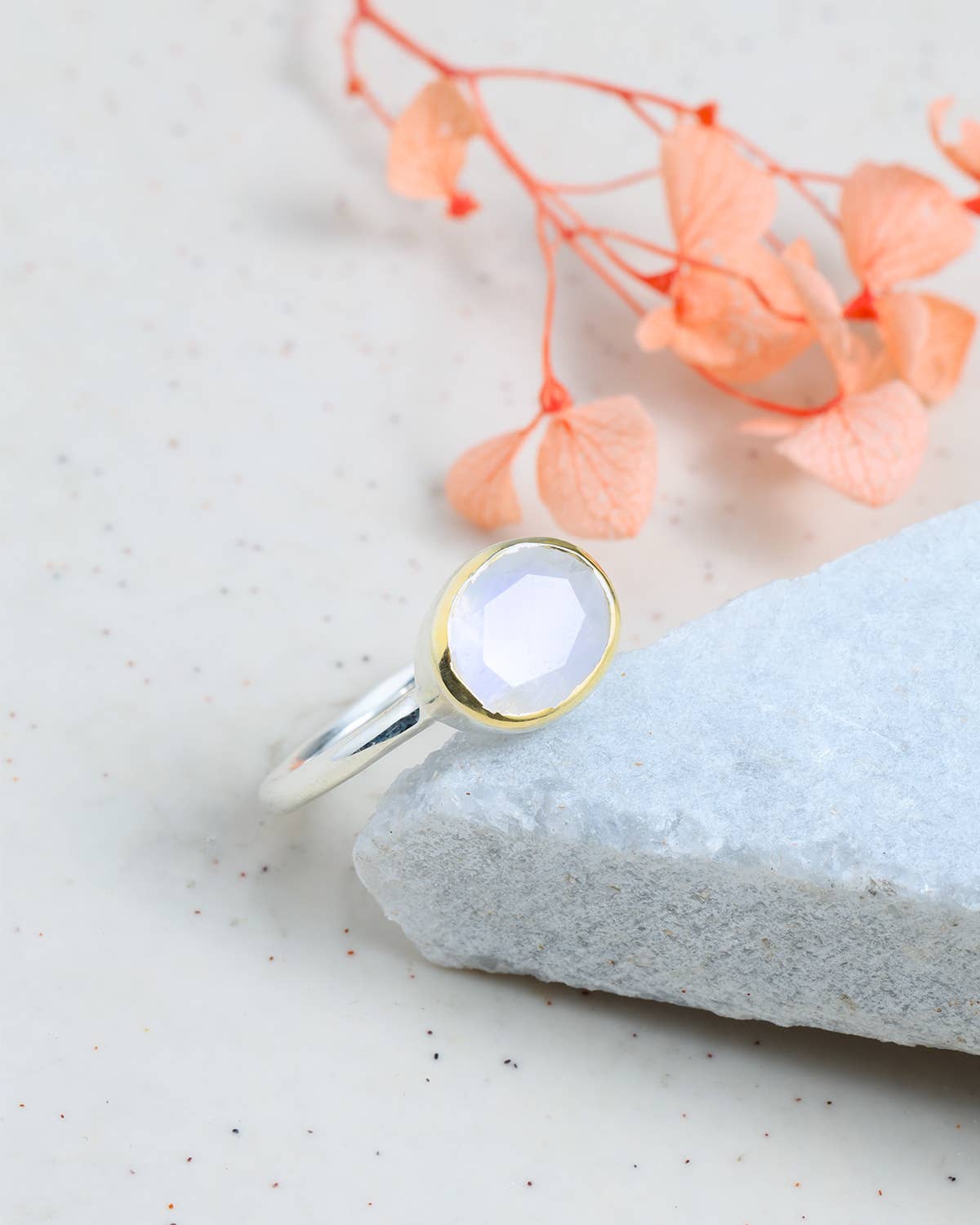 14k Gold Over Silver Rainbow Moonstone Solitaire Ring