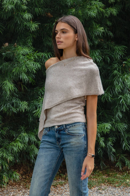 AINSLEY Off Shoulder Asymmetric Knit Poncho Sweater