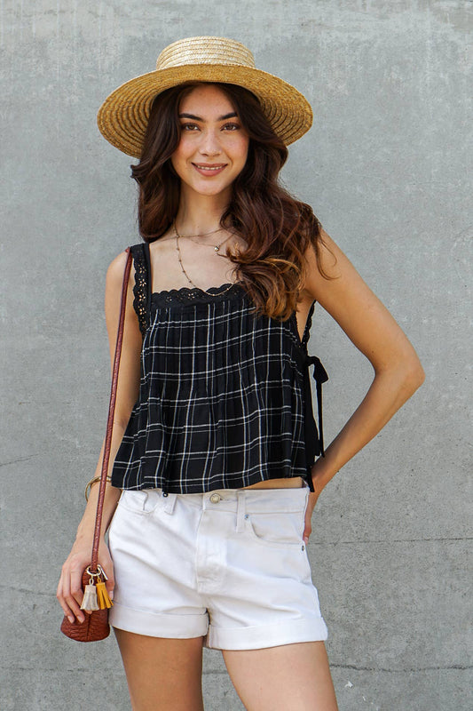 Plaid Lace Trim Side-Tie Crop Top
