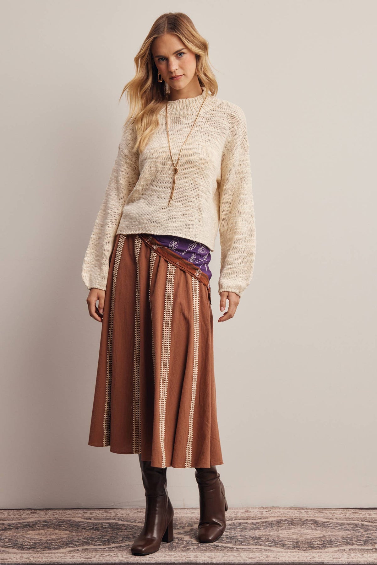 Embroidered Stripe Midi Skirt