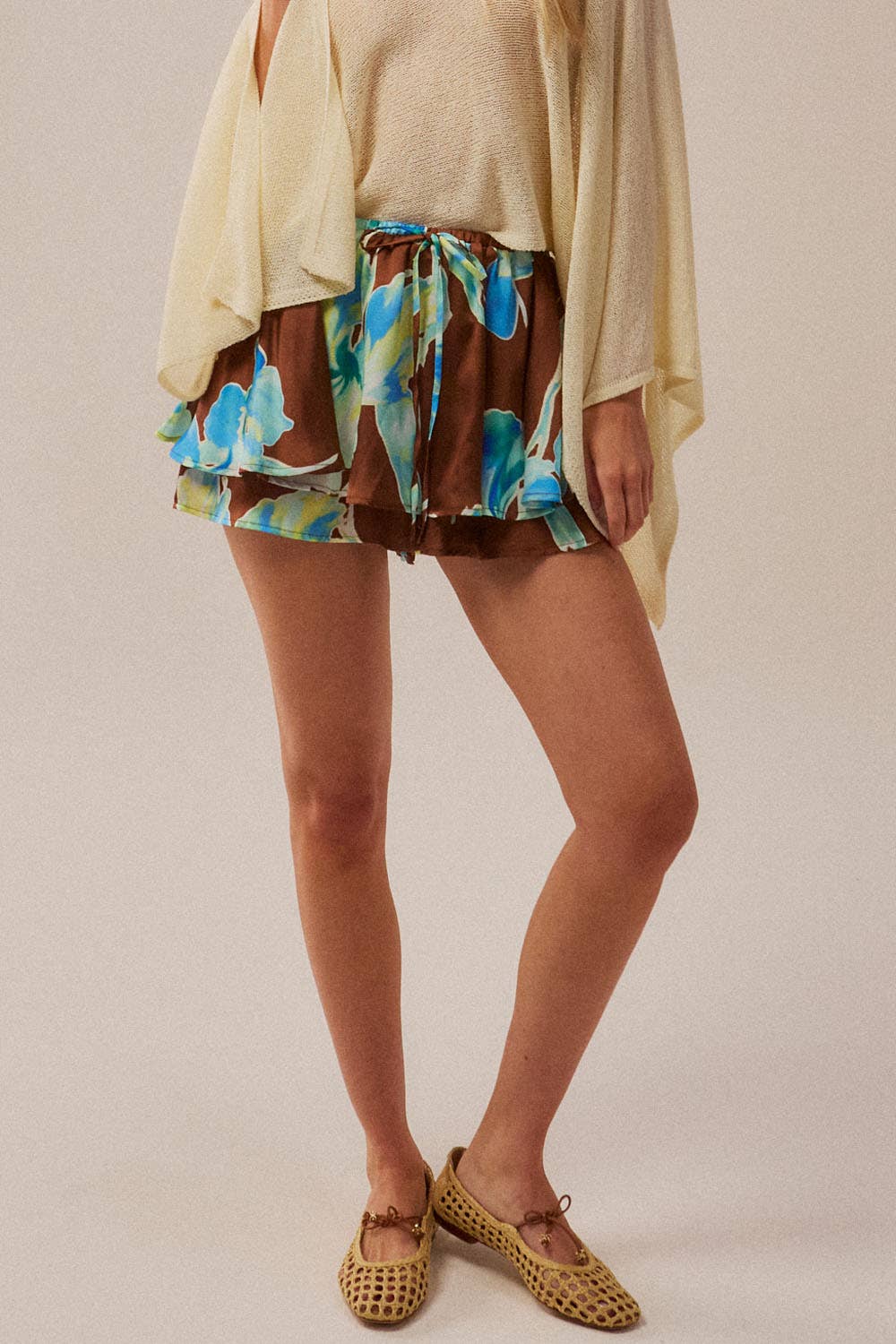 Floral-Print Gathered Drawstring Mini Skort