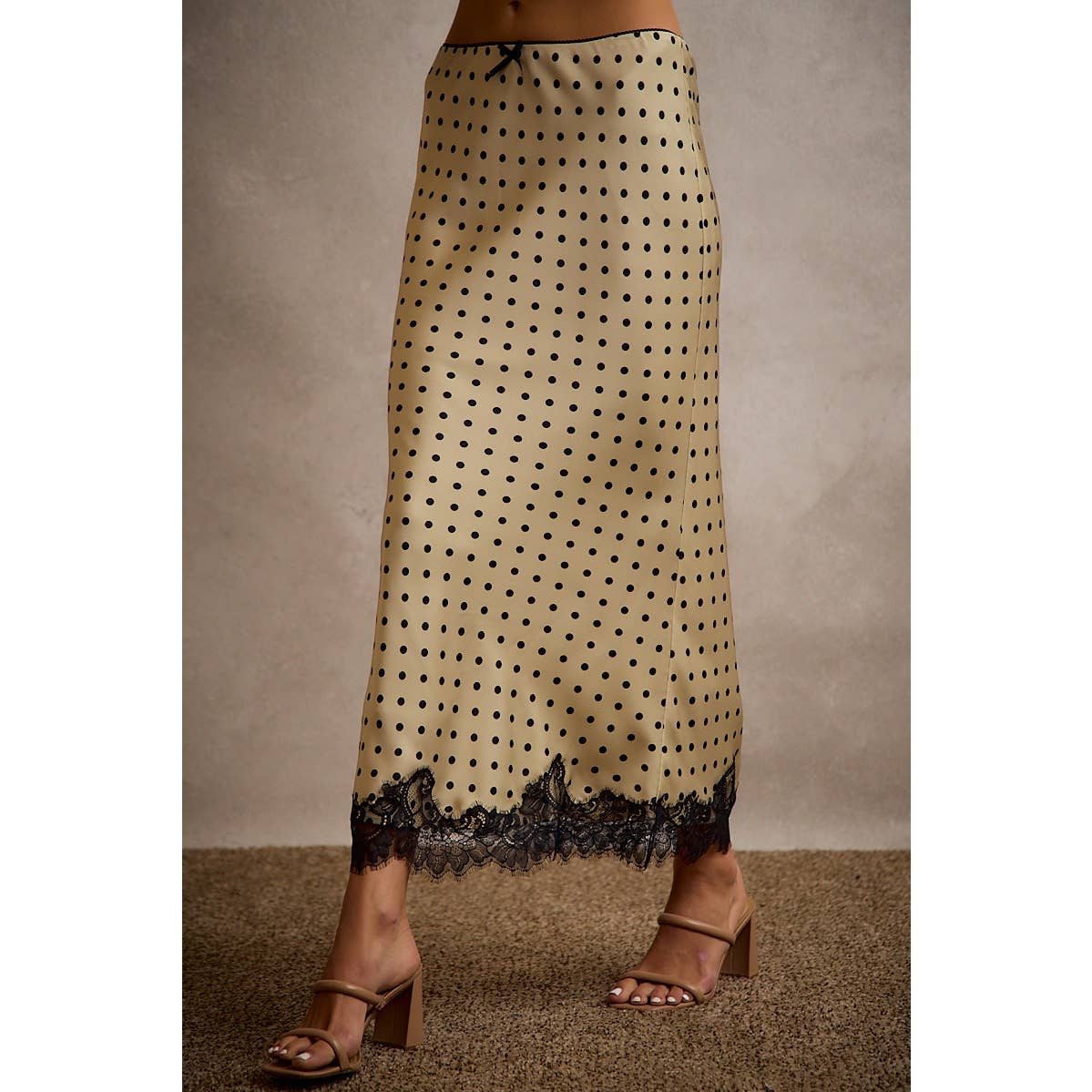 POLKA DOT SATIN LACE TRIM MAXI SKIRT