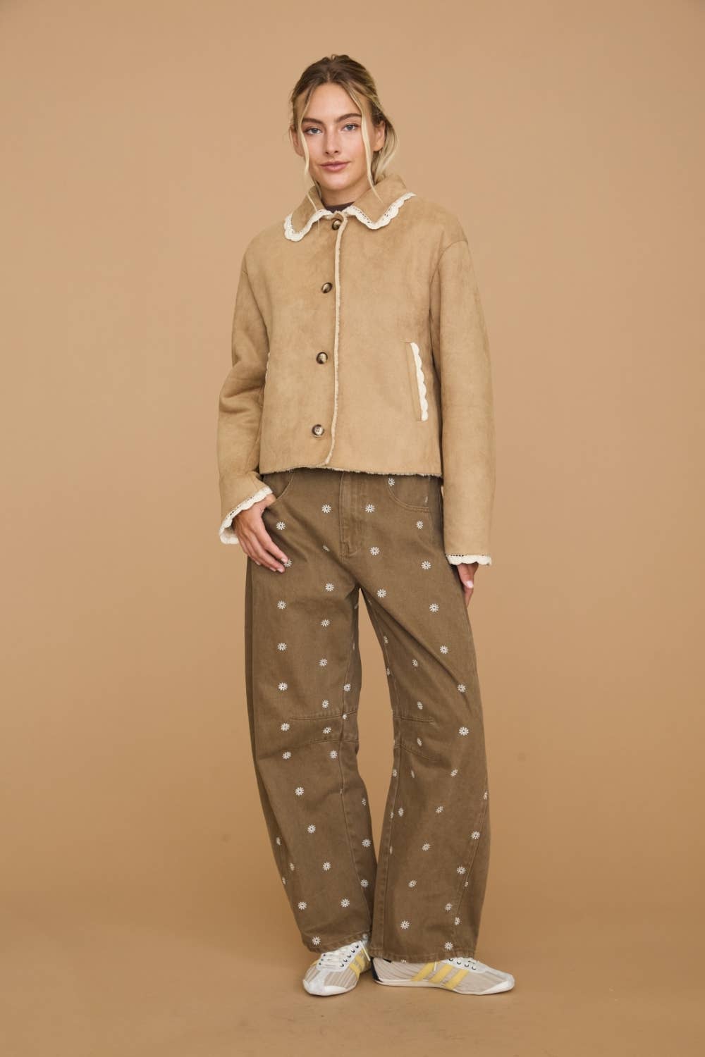 Lace Trim Faux Suede Sherpa Button Front Jacket