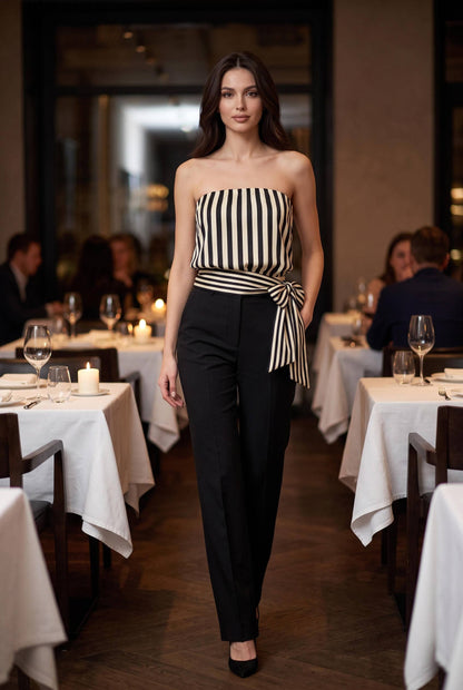 Striped Satin Strapless Tie Waist Top